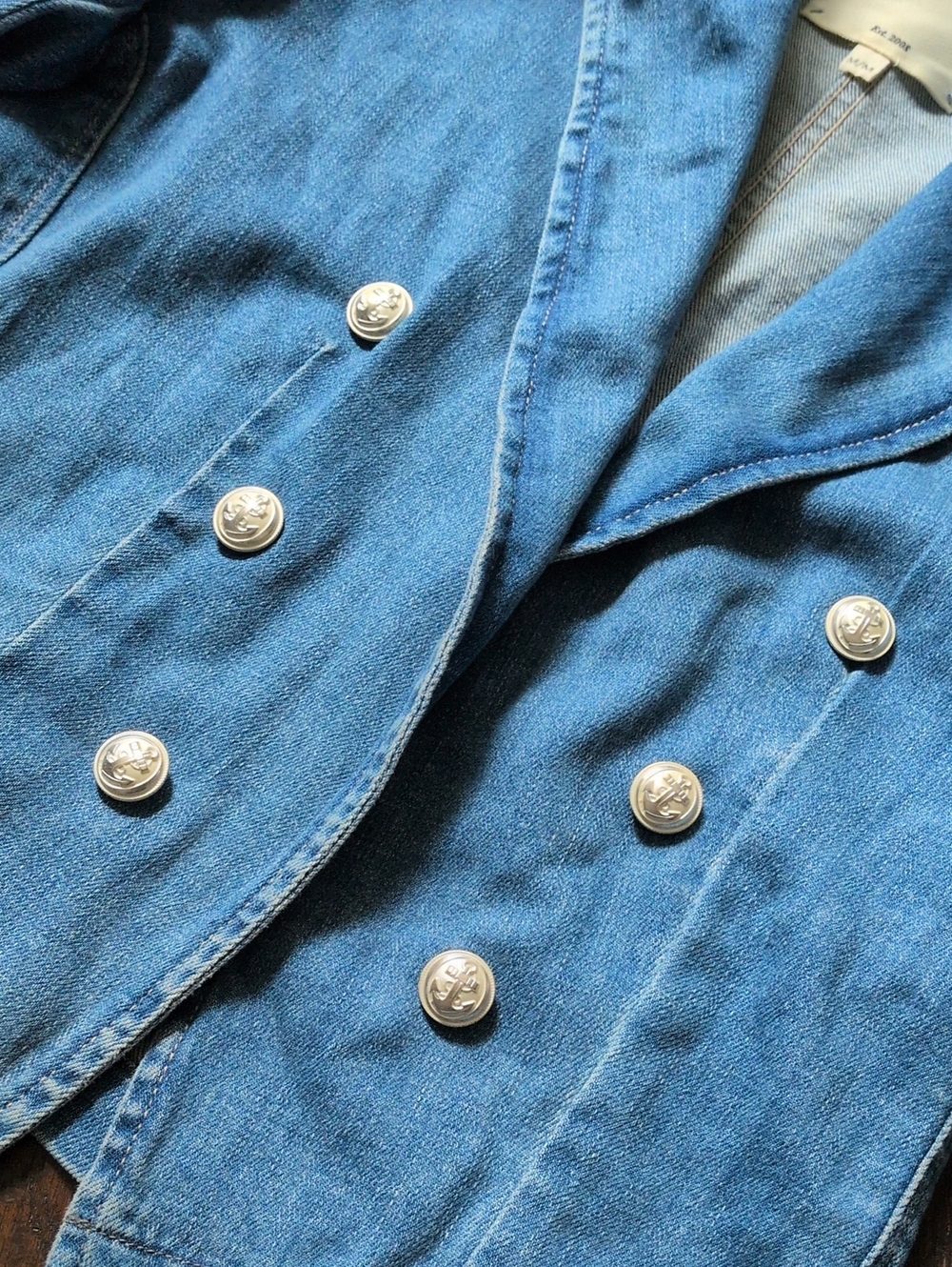 L'AGENCE I Blue Denim Open Front Anchor Button Cropped Wayne Blazer Jacket, M - Picture 6 of 13